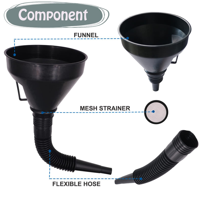 Plastic Oil Funnels for Automotive Use Set of 5, Large Flexible Fuel Funnel with Hose for Gas Transfer, Gasoline Funnels for Cars and Boat