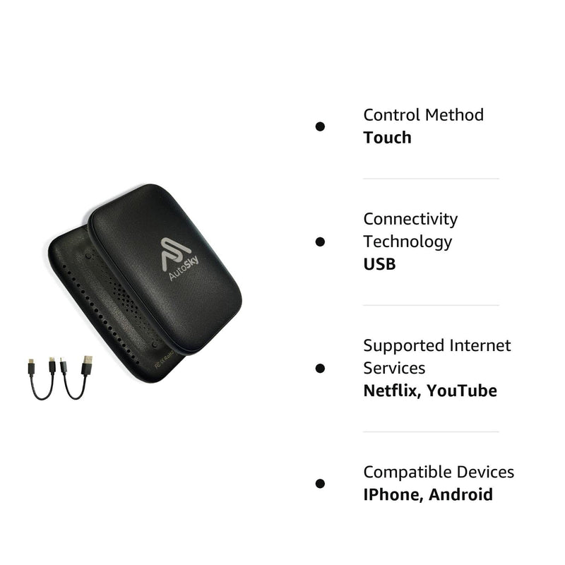 AutoSky Wireless CarPlay and Android Auto AI Box Lite for Factory Wired CarPlay Cars - Supports Netflix and YouTube - Go Wireless CarPlay and Android Auto. Wired CarPlay Required
