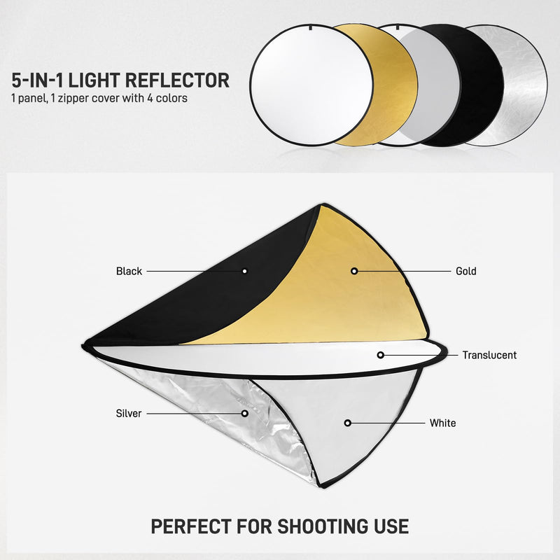 GVM Great Video Maker 43 Inch/110cm 5-in-1 Light Reflector - White, Silver, Gold, Black, Translucent - Collapsible Photography Reflector with Bag for Studio & Outdoor Shooting