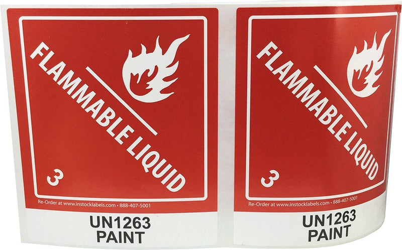 Hazard Class 3 D.O.T. UN1263 Paint Flammable Liquid Labels, 4 x 4 3/4 Inch Square Red and White Hazmat Stickers, 500 Total Adhesive Labels on a Roll – Made in the USA