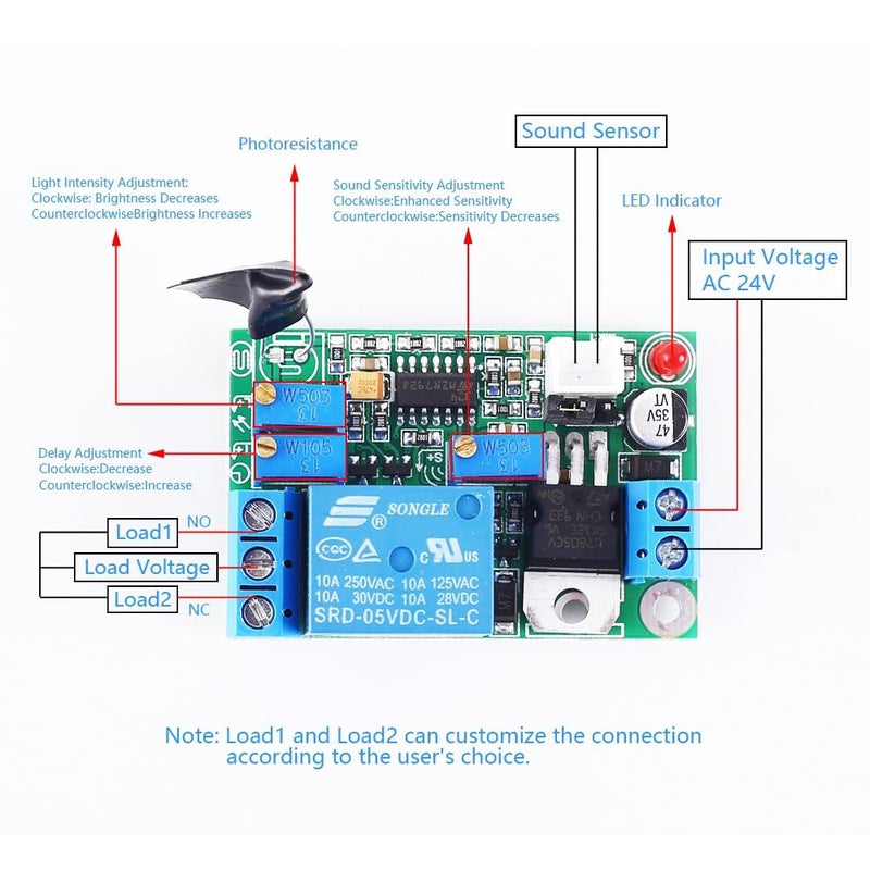 Sound Sensor Relay Switch Module, 12V/24V Microphone Light Sensor Controller Module 3s~60s Adjustable Relay Delay Switch Module