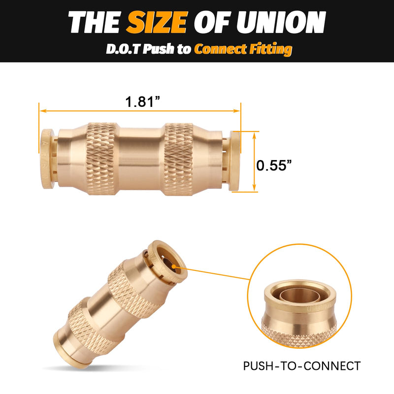 3/8" Dot Push-To-Connect Fittings (Three-eighth of an inch) Air Fittings Straight Union 3/8" Tube OD Brass Push Air Brake line fittings for Trucks Trailers and Industrial Use (4 Pack) 3/8 Inch