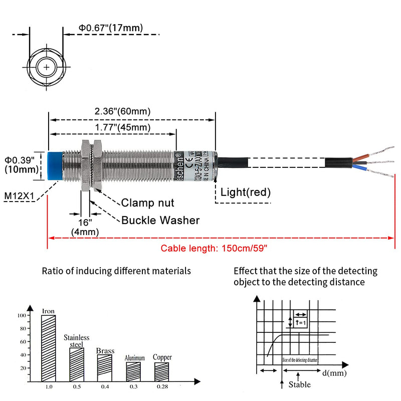 Heschen capacitive proximity switch LJC12A3-5-Z/AX detector 1-5mm 10-30VDC 200mA NPN normally closed (NC) 3-wire