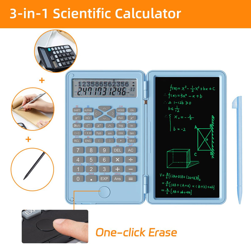 Scientific Calculator with Writing Pad, 240 Computing Functions, Foldable Case, HD Screen, Anti-Deletion Lock & One-Click Clear, Perfect for School, Finance & Engineering (Sky Blue) Sky Blue