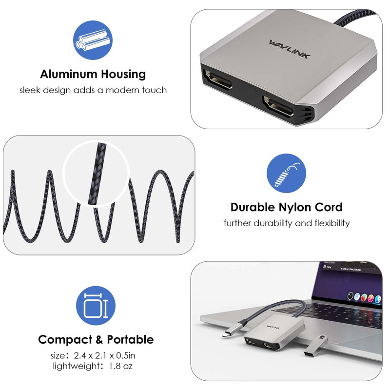 USB C to Dual HDMI Adapter, WAVLINK Dual Monitor Adapter with Dual HDMI, 87W PD for Dell XPS/HP/Lenovo/Surface/Type C Laptop/Windows System Only