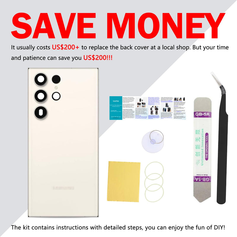 Compatible for Samsung Galaxy S23 Ultra Back Glass Cover Replacement 6.8-Inches SM-G918 All Carriers with Installation Manual + Repair Tool Kit (Cream) Cream