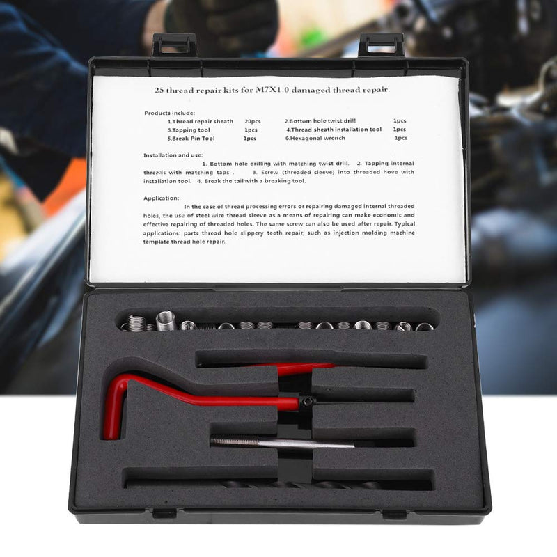 25Pcs Thread Repair Kit M7 x 1, Kit Thread Inserts Stainless Steel Twisted Drill Wrench Threaded Insert Thread Repair Tool for Auto Parts