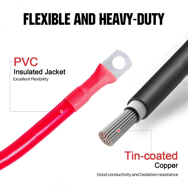 ECO-WORTHY 2AWG Battery Cable with 5/16'' Lug Terminals 12inch Cables Set Tinned Copper Battery Inverter Cable for Car, Truck, RV, Solar 12 INCH-2AWG-5/16’‘