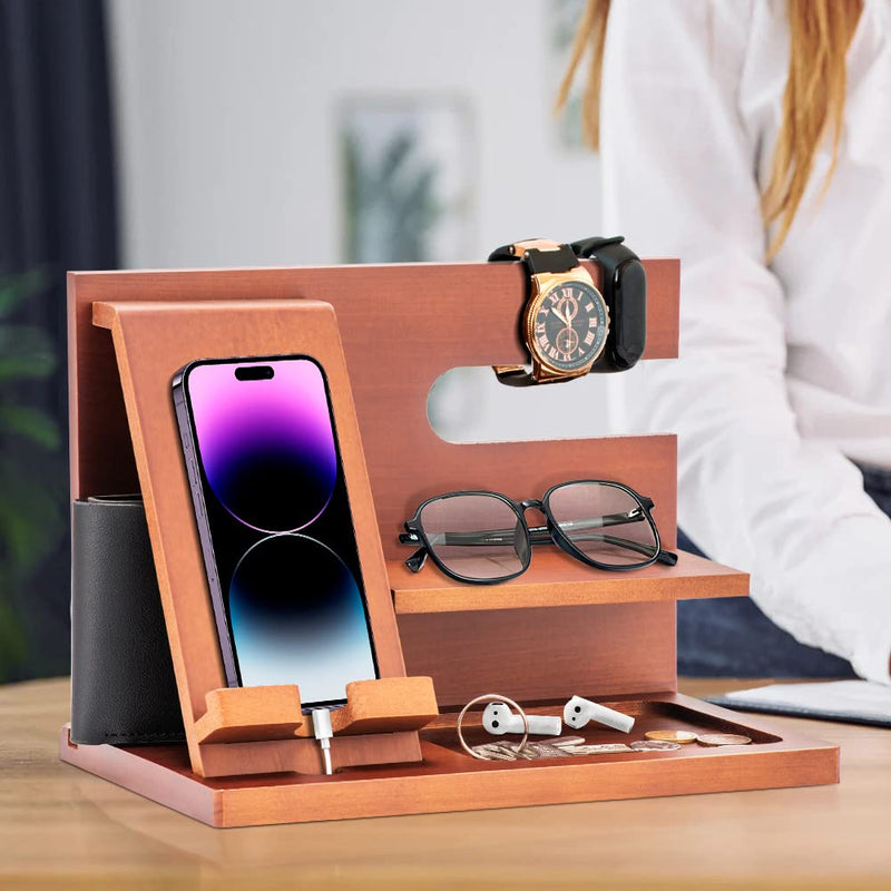 Wood Phone Docking Station - Gifts for Men Desk or Nightstand Organizer - Birthday Gifts for Husband, Fathers Day for Dad - Anniversary Idea from Wife - Key Holder, Stand Wallet, Watch & Essentials Wood