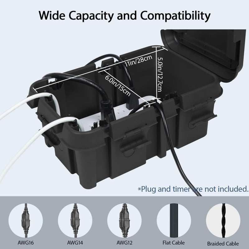 LeMotech Outdoor Electrical Box (External 14x9.6x5.5in), IP55 Waterproof Connection Box with Handle, Extension Cord Cover for Outlet,Pool Pump,Timer,Power Strips,Holiday Light Decoration, Black
