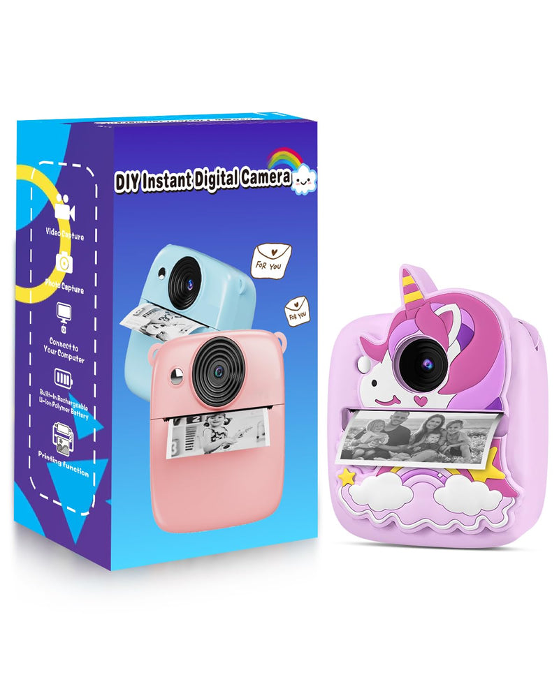Instant Print Camera for Kids 3-12 Years, Thermal Print Kids Camera Toy is a Surprise Gift for Girls & Boys with 32G SD Card, 48 MP Photo, 1080P Video, 3 Rolls of Photo Paper (Purple) Purple
