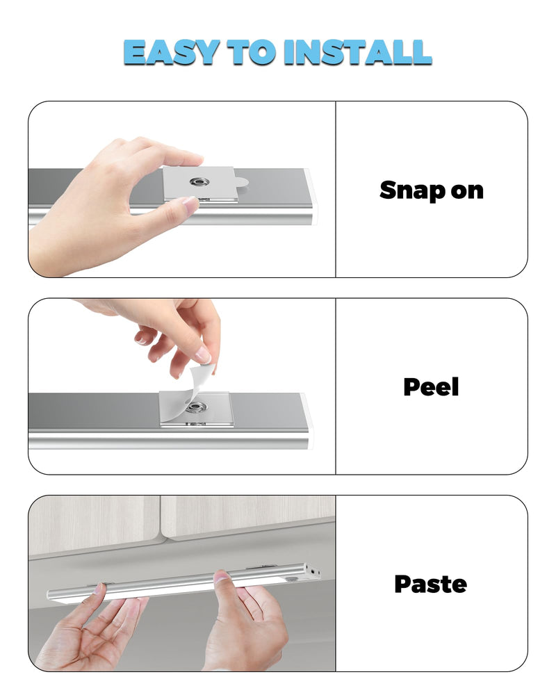 ASOKO Under Cabinet Lights Motion Sensor, 2800mAh Battery Operated Closet Light Rechargeable Under Counter Lights for Kitchen Under Cabinet Lighting Wireless (White,3 Pack-13.8inch) Silver-White Light 3 Packs-13.8inch