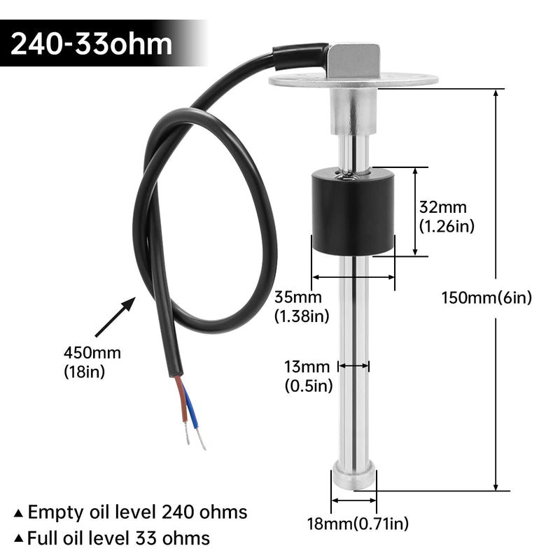 ARTILAURA Fuel Sending Unit and Gauge Kit, 240-33ohms 6" (150mm) Boat Marine Fuel Tank Sender Stainless Steel Gas Sensor for Car Truck Vehicle (White) 6"sensor+gauge White