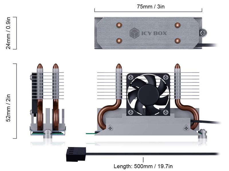 ICY BOX M.2 cooler with fan and heat pipe heatsink for M.2 NVMe & SATA SSD up to 2280, 30 mm fan active, thermal pad included With fan (tower)