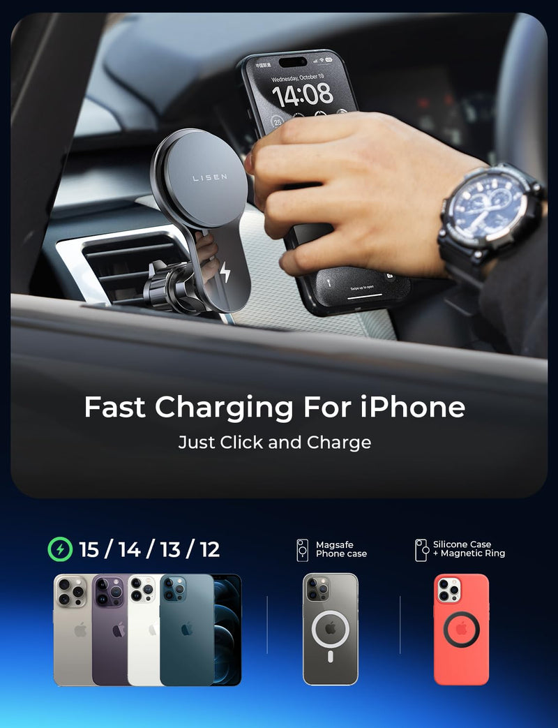 LISEN for 15w Magsafe Fan Car Vent Mount Charger, for iPhone 16 Wireless Magnetic Car Phone Holder Mount Cooling, Phone CPU Cooler Car Refrigerator Fit for iPhone 16 15 Pro Max 14 13 12 Cases Android