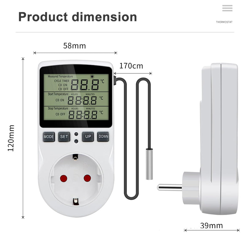 Greluma 1 Piece AC 230V Digital Temperature Controller Socket with Sensor Probe, Heating Cooling Thermostat Socket with Timer, LED Display Thermostat Switch for Greenhouse, Aquarium