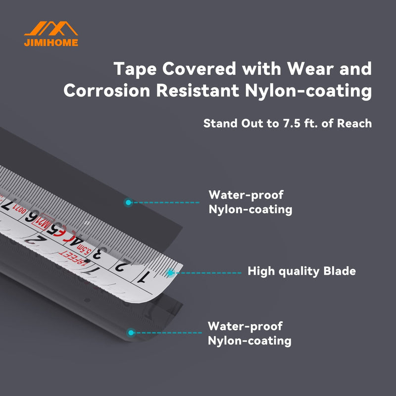 JIMIHOME Household Tool Essential 18Ft. Tape Measure 5.5 m Metric Imperial Wear Corrosion Resistant Nylon-Coating Impact-Resistant Retraction Speed Control Blade Lock True Zero Belt Clip Wrist Strap