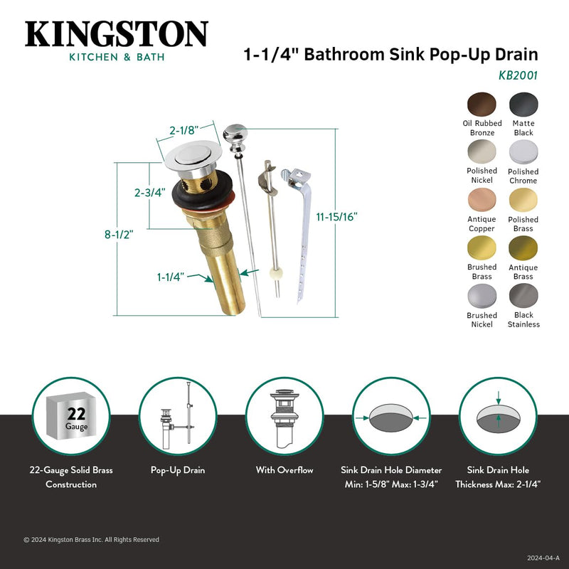 Kingston Brass KB2007 Pop-Up Drain with Overflow, 22 Gauge, Brushed Brass