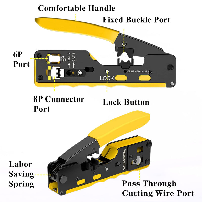 Gaobige rj45 Crimp Tool Kit, Pass Through Cat7 Cat6A Cat6 Cat5e Cat5 rj45 Crimping Tool with 10PCS Cat7 Shielded Connectors 10PCS Covers 20PCS Cat6 Pass Through Connectors 20PCS Covers Network Tester HT-7018
