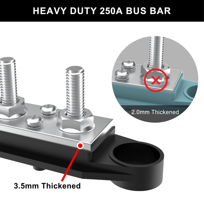 Upgraded Bus Bar 250A 12V Power Distribution Block with 5/16" (M8) 4-Posts Terminals Block with Cover for Automotive, Marine, Battery System (Black) 5/16" - Black