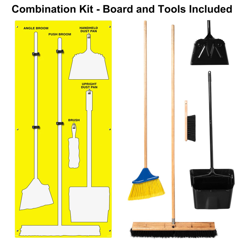 Clean & Sweep 5S Shadow Board/Wall Mount Broom Holder, 68" x 30" Board, 5S Cleaning Station - with Broom and Dustpan Set Included, Made in The USA by AccuformNMC, Yellow/White, PSB616YLWT