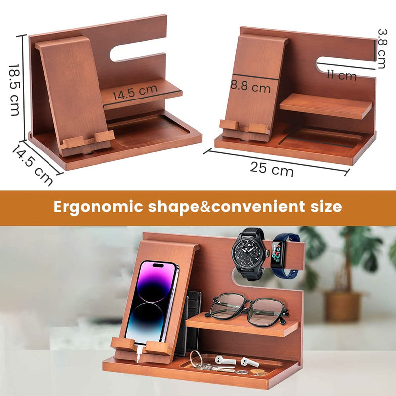 Wood Phone Docking Station - Gifts for Men Desk or Nightstand Organizer - Birthday Gifts for Husband, Fathers Day for Dad - Anniversary Idea from Wife - Key Holder, Stand Wallet, Watch & Essentials Wood