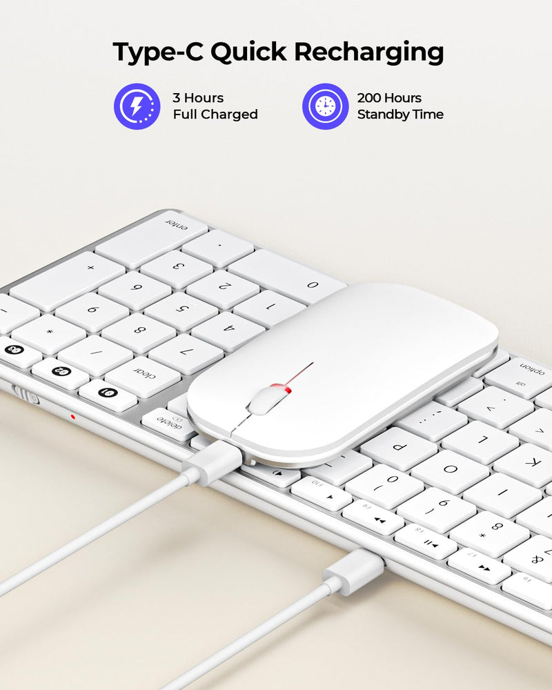 Wireless Bluetooth Keyboard and Mouse for Mac, Multi-Device Rechargeable Keyboard and Mouse Stainless Steel Full Size, Compatible with MacBook Pro/Air, iPad, iMac - White Silver