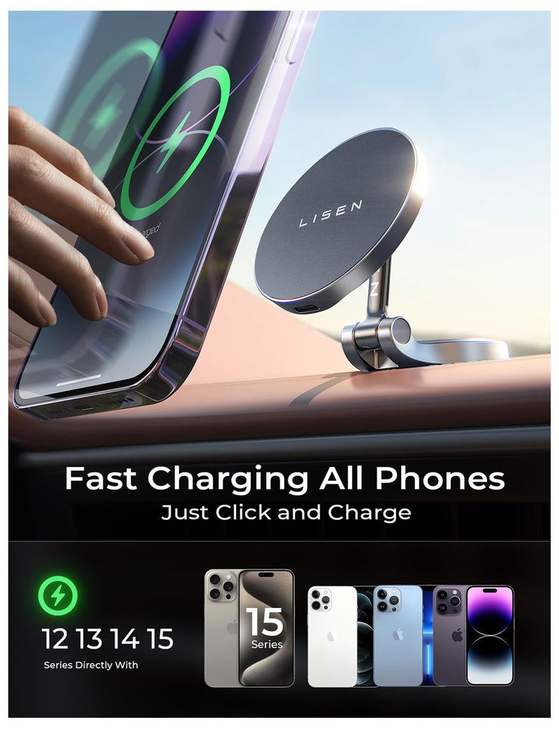 LISEN for Magsafe Car Charger, 15W Ultra Magnetic Car Phone Holder, for Magsafe Car Mount Charger Metal Dashboard Cell Phone Car Mount for iPhone 16 15 14 13 12Pro Max Plus