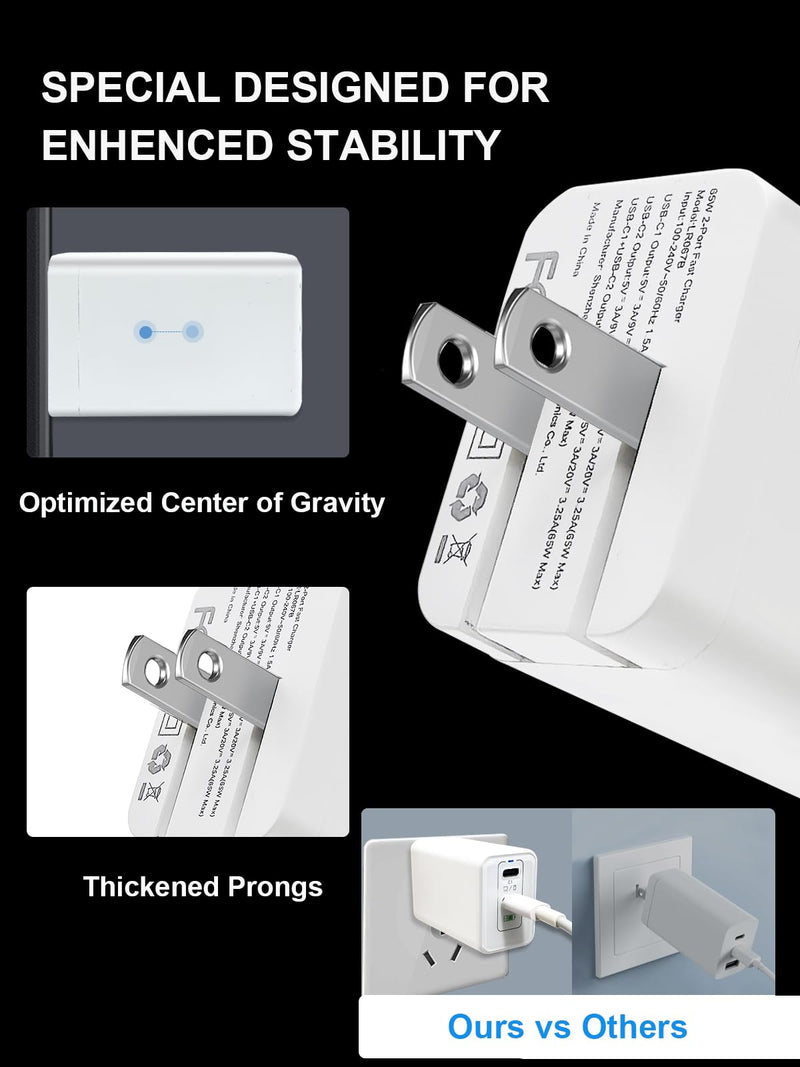 65W USB C Charger Block, GaN USB C Wall Charger, 2-Port Type C Compact Foldable Fast Charging Adapter for MacBook Pro/Air, iPhone 8-16, iPad Pro/Air, Apple Watch, Galaxy S20-24, etc