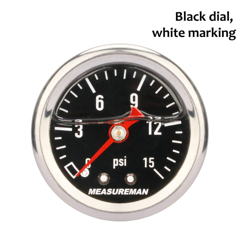 MEASUREMAN 1.5" Black Dial, 304 Stainless Steel case, Liquid Filled Fuel Pressure Gauge, 0-15Psi, 3-2-3%, 1/8" NPT Center Back Mount Back Mount（Black Dial）