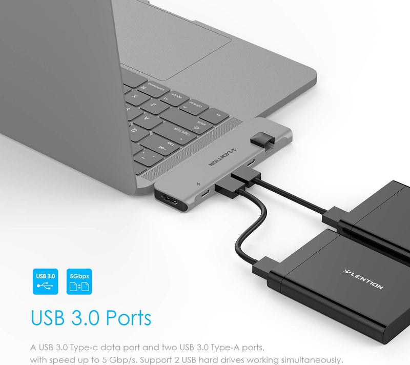 LENTION USB C Hub with Thunderbolt3(PD+Data Transfer+Video Output), 4K HDMI, USB 3.0, Gigabit Ethernet Mac Adapter Compatible 2016-2023 MacBook Pro, Mac Air, More (CS65, Space Gray)