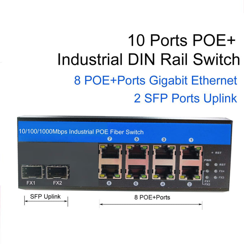Industrial Switch 8Port Gigabit Ethernet with POE 240W Total 2Port SFP Din Rail Mounted IP40 for Outdoor Use 8 Gigabit POE(30W)