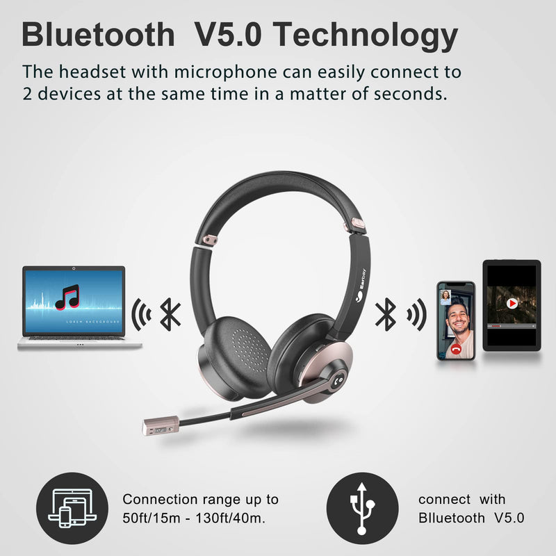 Earbay Wireless Headset, Bluetooth Headsets with Microphone Noise Cancelling, On Ear Headphones with Mic Mute, Handsfree PC Headsets for Zoom/Ms Teams/Skype/Dual Connect/Laptop/iPhone/Tablet Gold