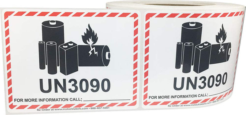 UN3090 Caution Lithium Battery Labels 3.25 x 4.25 Inch 500 Total Stickers for Smaller Packages Only
