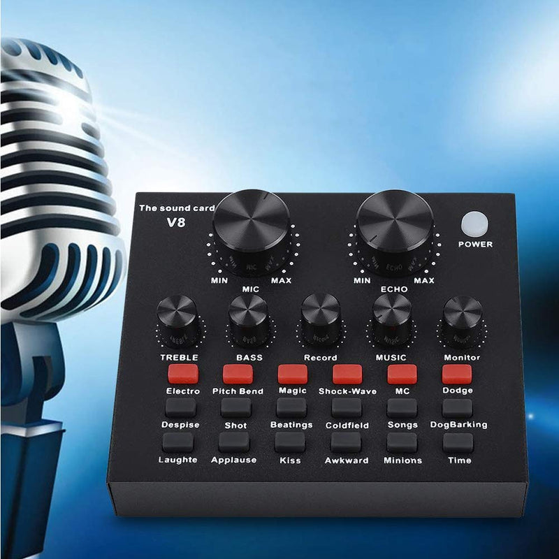 V8 Live Sound Card, Audio Mixer USB External Sound Card Headset Microphone Sound Card Live Broadcast KTV Sound Card for Double Cell Phone for Live KTV Voice Chat(Black)