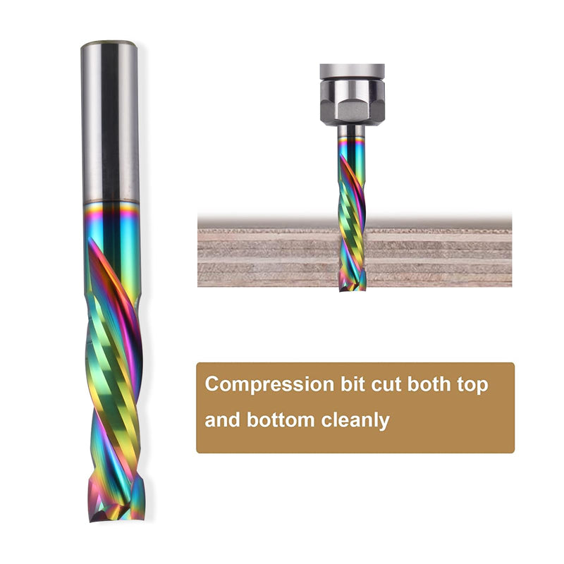1/8 inch Shank Compression CNC Router Bits Spiral End Mill Wood Cutters 10 PCS, DLC Coating Compression CNC Spiral Bits 1/8 Cutting Dia, 22mm CEL, 2 Flutes Up &Down Cut Carbide End Mills