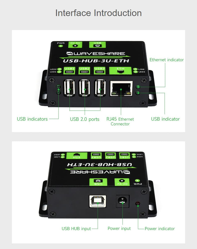 Waveshare Industrial Grade Multifunctional USB HUB Extending 3X USB Ports + 100M Ethernet Port Suitable for Industrial/Office Environments Requiring Higher Level Device Without Power Supply