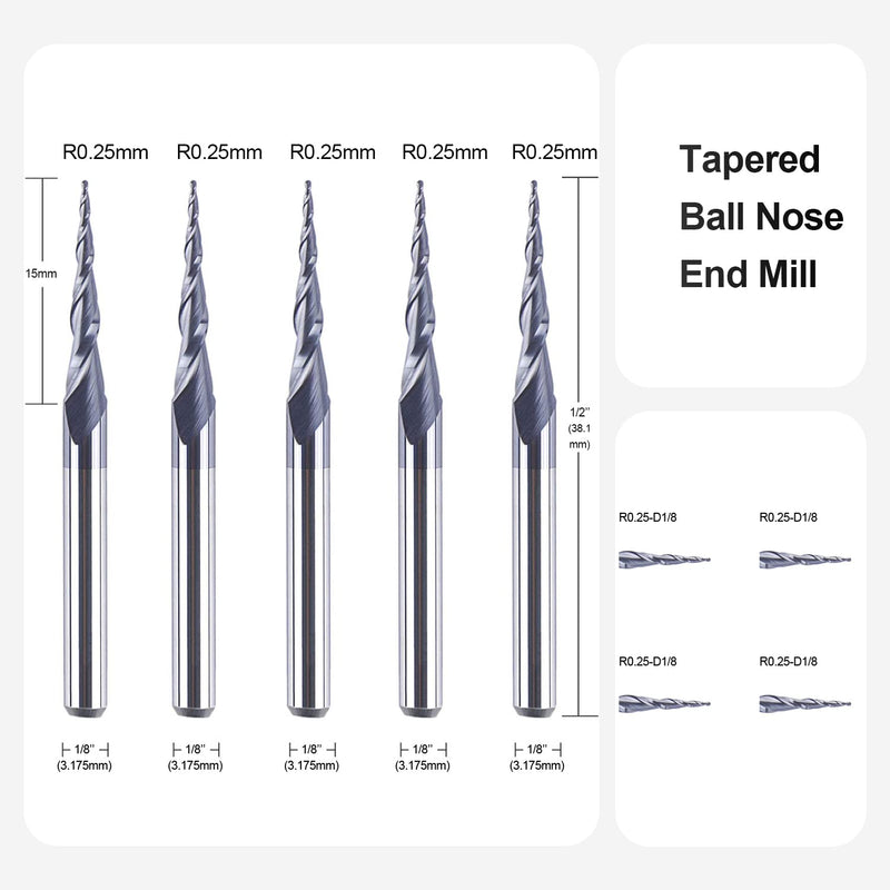 SpeTool Set of 5 End Mills R0.25, 3.175 mm (1/8 Inch) Shank, 2 Flutes, Ball End Mill, Conical Tip Milling Cutter for Routers, CNC Solid Carbide Cutter with TiAlN Coating for 2D 3D Engraving