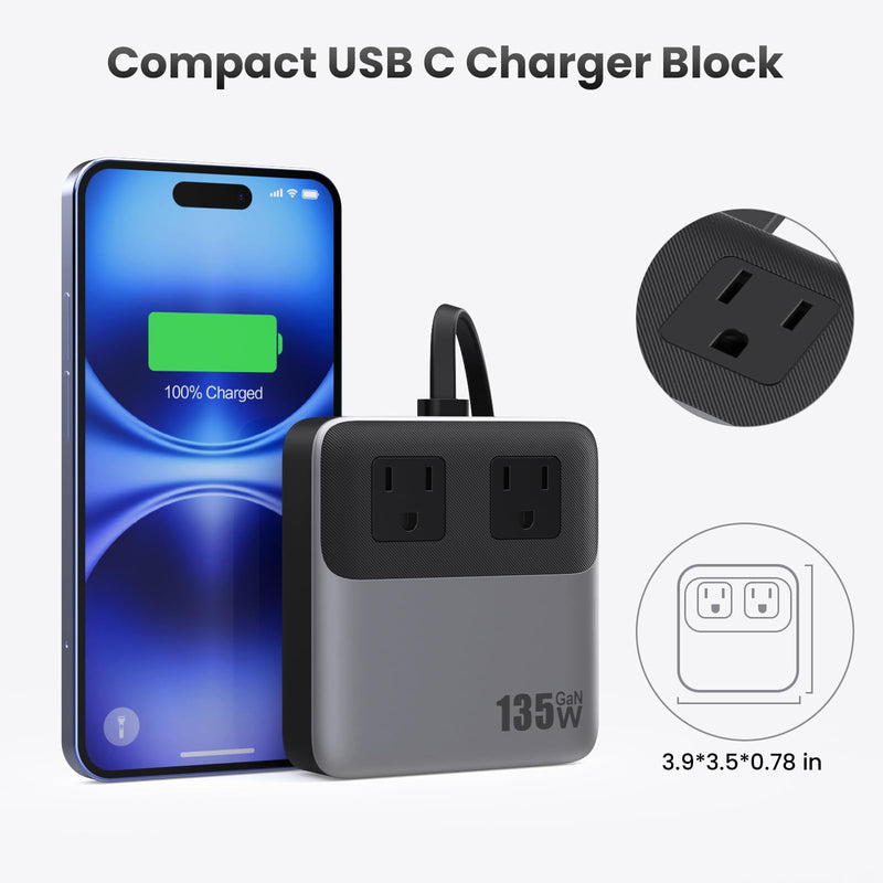 USB C Charger Block,135W GaN IV Fast Charging Station Hub,6-in-1 USB C Power Strip with Flat Plug and 5ft Cord,2 AC,2 USB A,2 USB C,PD 65W Laptop Charger for MacBook Air/Pro,iPhone16/15,Galaxy S24 etc Black