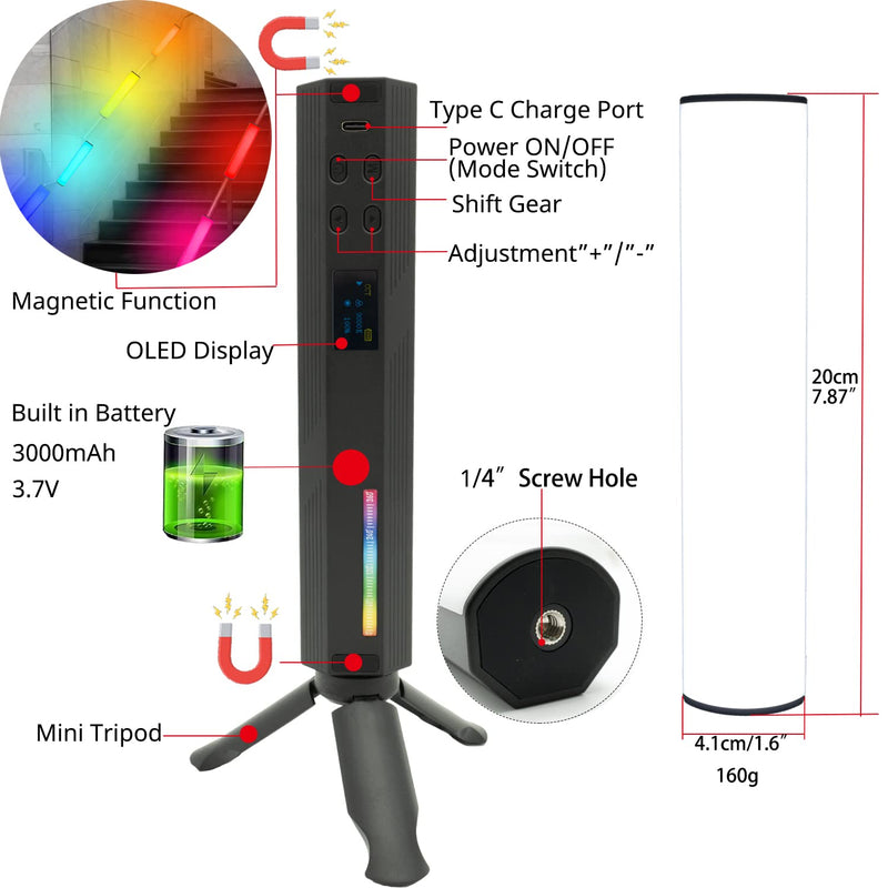 2PACK W200 Handheld RGB Light Wand Video LED Lighting Handheld Light Photography Light Vlog w Magnetic CRI95+ 2500K-9000K Built-in Battery 3000mAh Compatible with Vlogging YouTube Living 2PACK