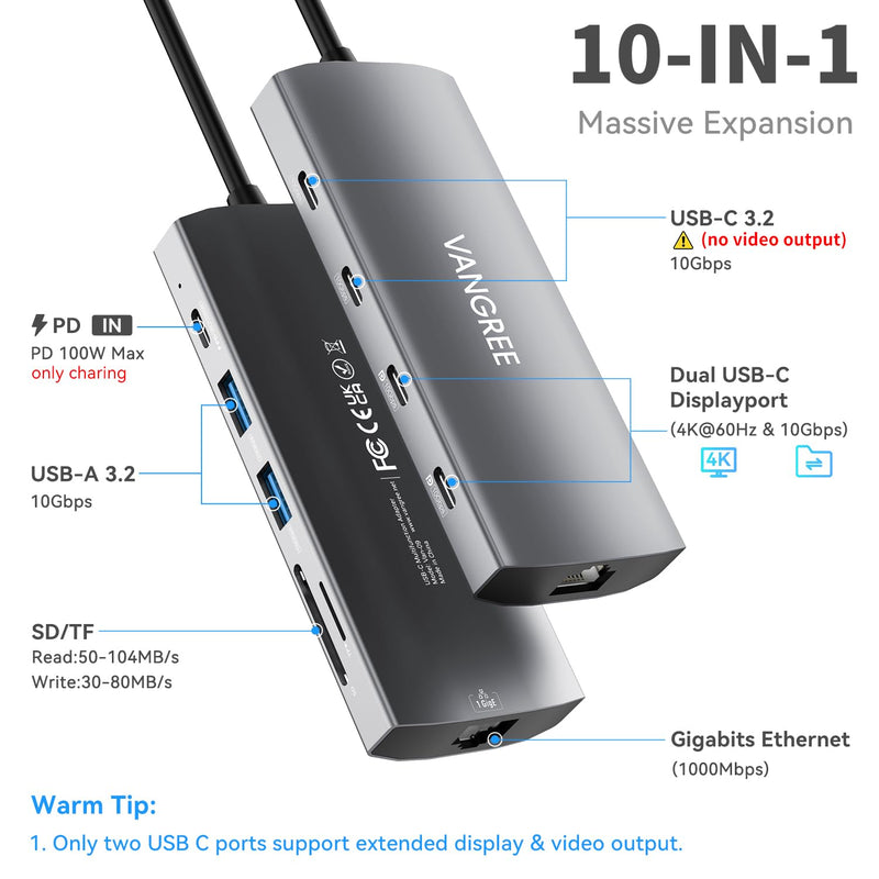 USB C Hub with Dual 4K@60Hz Displayports, 2 USB-A & 2 USBC 3.2 10Gbps Ports, 1Gbps Ethernet, 100W PD, SD/TF, USB C Splitter Docking Station for MacBook Pro/Air, iMac, iPad Pro, XPS, Thinkpad, Surface 10-in-1 (Dual USB C Display)