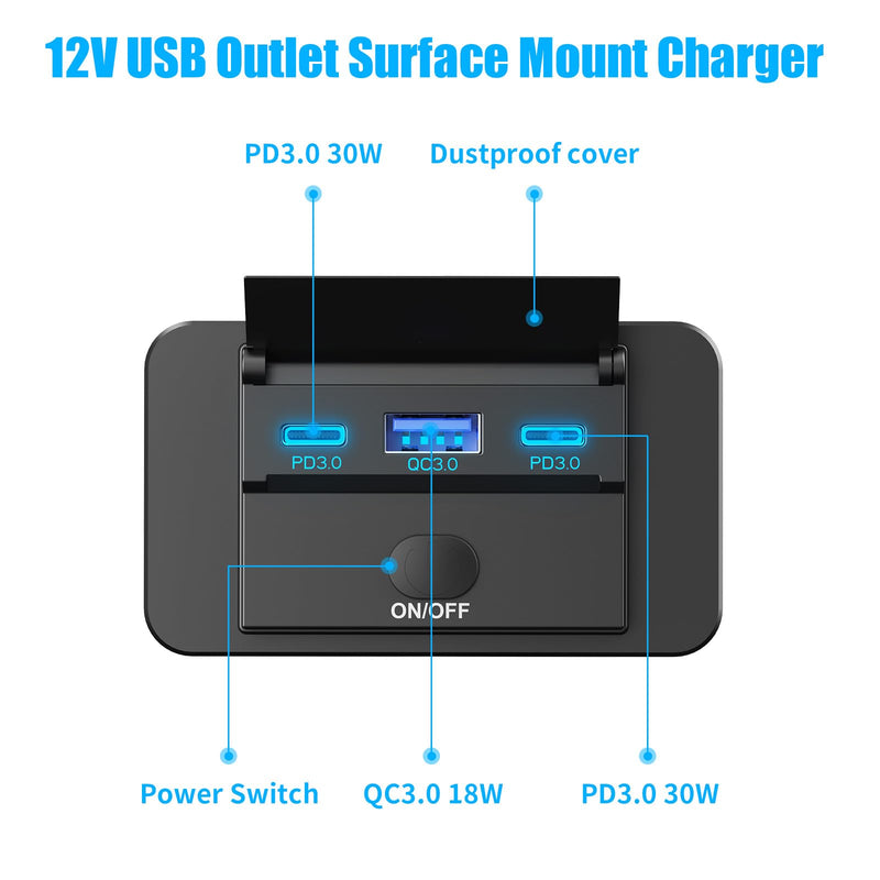 78W 12V USB Outlet Surface Mount Lightweight Dual USB C 30W and QC 3.0 18W Car USB Port, 12 Volt USB Cigarette Lighter Replacement Charger Socket Panel with Button Switch for RV Bus Marine Motorcycle