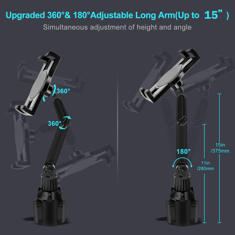 Cup Holder Car Tablet Mount for Truck, 360° Adjustable 15" Long 2-Arm Stand Holder for iPad Pro 12.9/11/10.5/9.7/Air/Mini 6/5/4, Samsung Galaxy Tab/Z Fold 6/5/4, iPhone 17/16/Pro, 4.7-12.9" Tab &Phone 15"