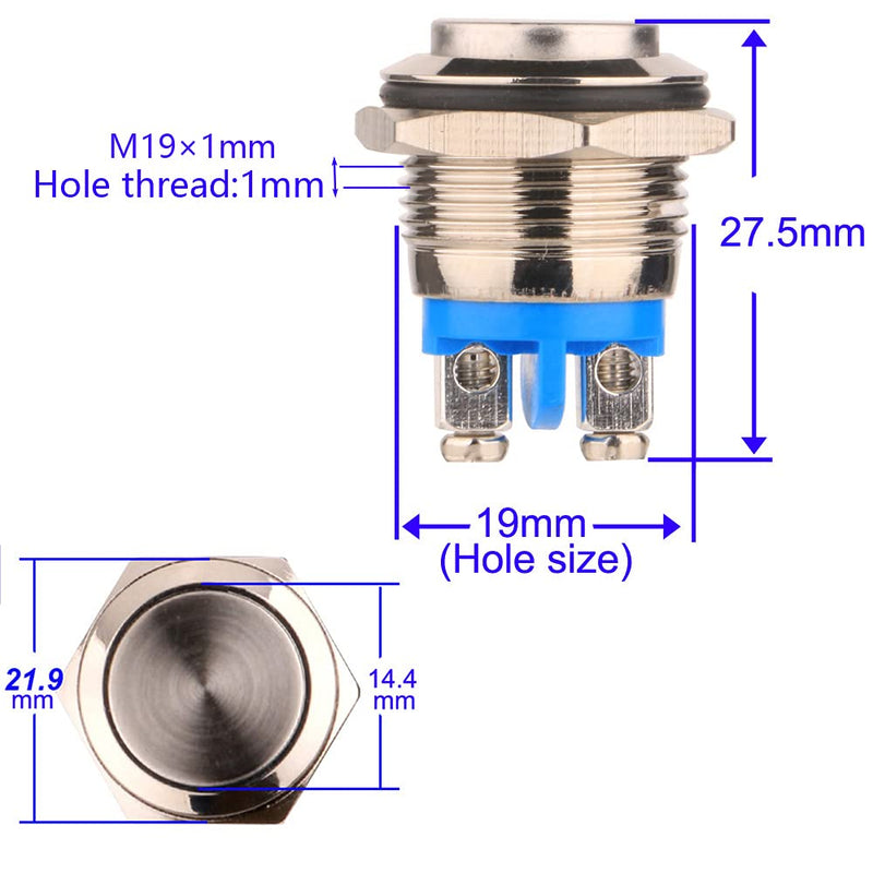 Gebildet 3pcs 19mm 5A 12V/24V/125V/250VAC Momentary Button Screw Terminals Stainless Steel Metal Waterproof Button (High Head) 19mm Metal