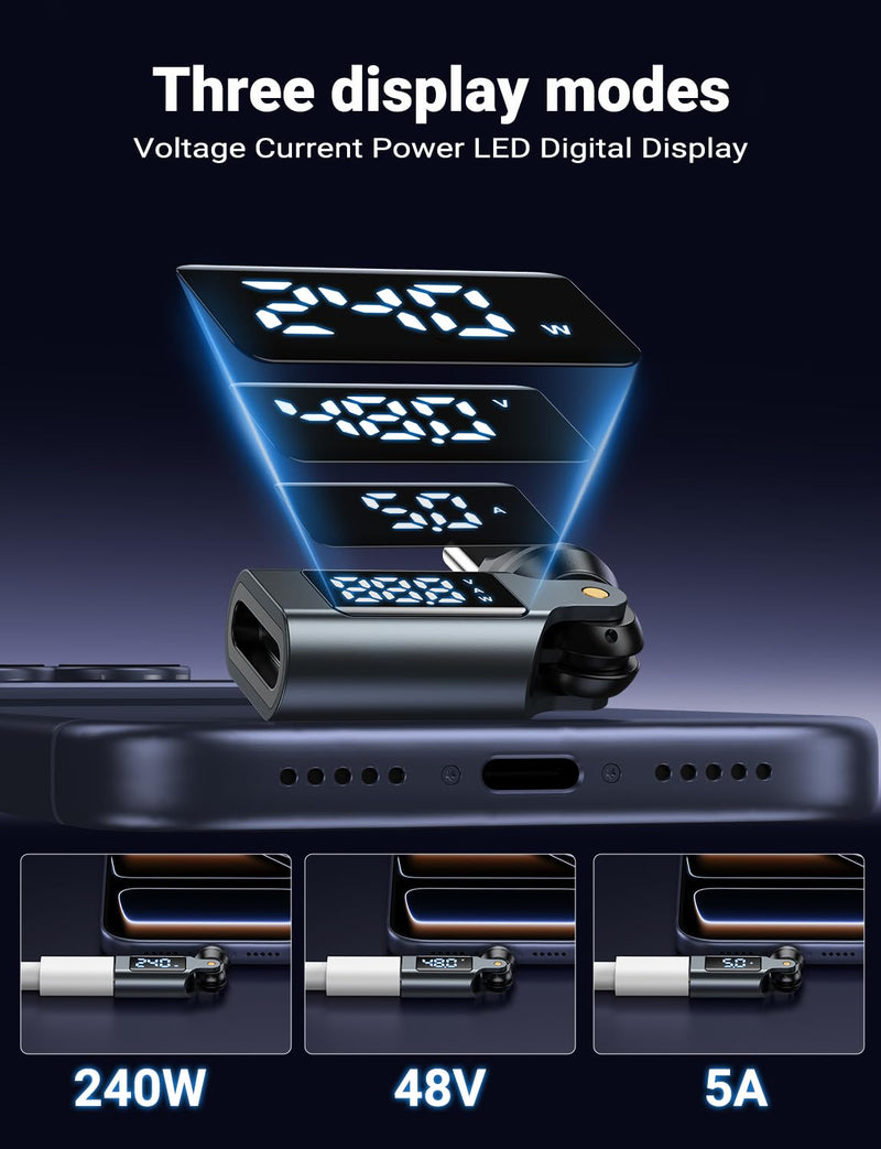 USB C Magnetic Adapter PD 240W(2Pack), 9PIN USB C 90 Degree Adapter with LED Digital Display/360 &180 Degree Power Meter Tester for 1Phone 17/16/15, Ma-Book Pro/1Pad Series, Samsung, Tablet, Laptop Gray USB Type C