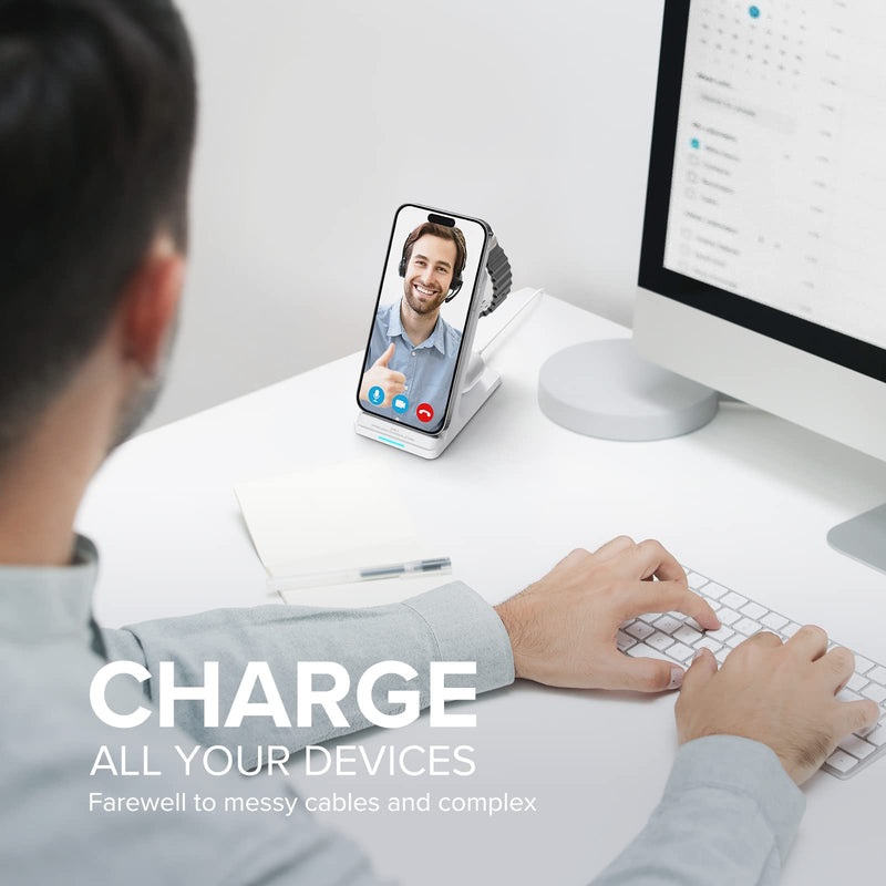 Wireless Charging Station, 3 in 1 Fast Wireless Charger Stand for Multiple Devices Apple Watch Ultra Series 9 8 7 6 SE 5 4 3 2, iPhone 16 15 14 13 12 11 Pro Max/Plus/Mini/X/XS/Max/XR/SE, Airpods White