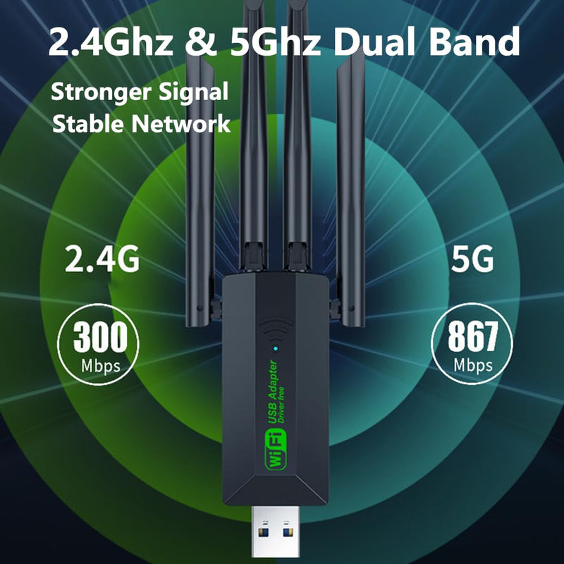 USB Adapter, 1200Mbps Dongle USB 3.0 Dual Band 5G 2.4G, Network Adapter for Desktop Laptop PC, Dual 5dBi Antennas, Supports