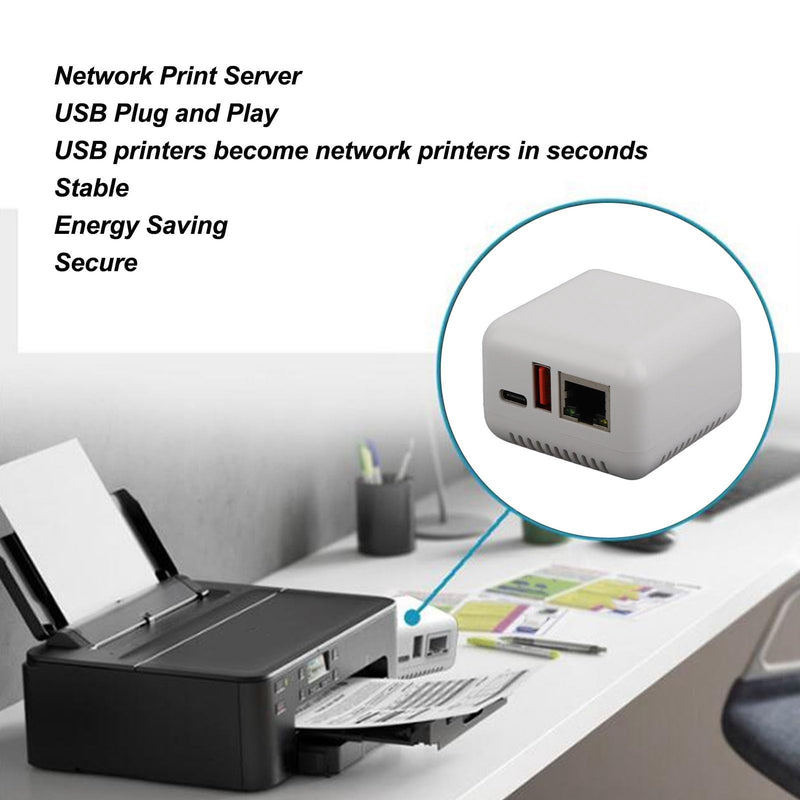 Denash USB 2.0 Network Print Server, Plug and Play LAN USB Print Server Adapter, USB 2.0 Port Network Print Server for Linux 3.4 for Wins or Later, for Android, for iOS US Plug 100 to 240V