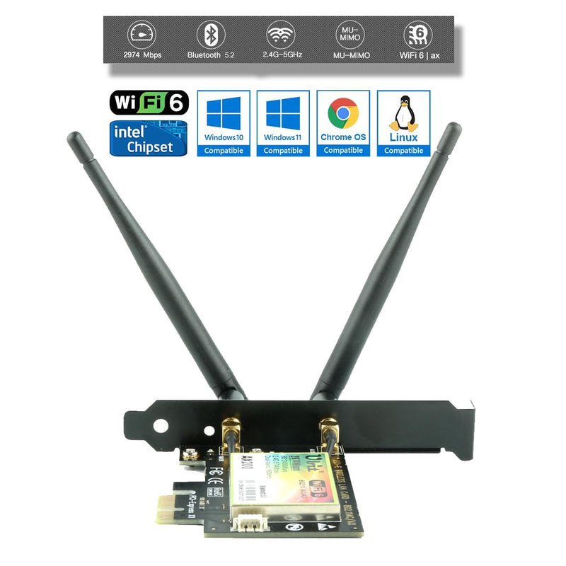 Ubit Gigabit PCIe WiFi 6 Bluetooth 5.2 Card, 802.11 AX Superspeed 2974Mbps, PCIe Wireless Dual-Band （5GHz, 2.4GHz） Network Card, MU-MIMO, OFDMA, Ultra-Low Latency, PCI-E WiFi 6 Adapter for PC