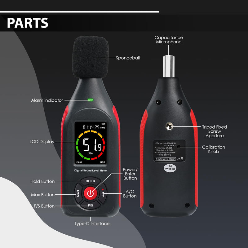 Decibel Meter, Data Logger, Portable Sound Decibel Meter, Sound Level Meter with 31,000 Data Recording and Export, Rechargeable Noise Meter with A/C Frequency, DC Output, 3